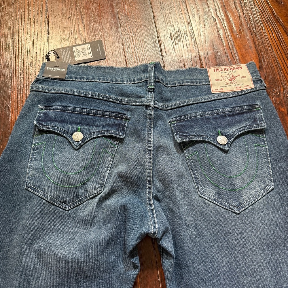 True Religion Jeans Mens 36x34 Blue Ricky Relaxed Straight Flap Faded Whiskers